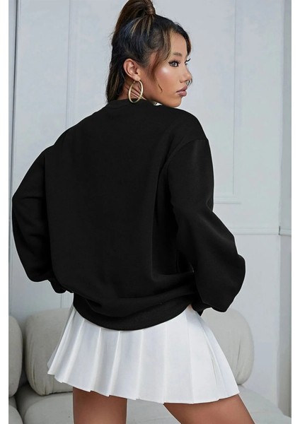 Unisex Oversize 3 Iplik Şardonlu Siyah Sweatshirt fırsatları