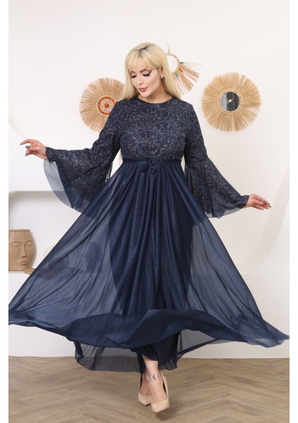 Gövde Pul Payet Balon Kol Şifon Tesettür Abiye