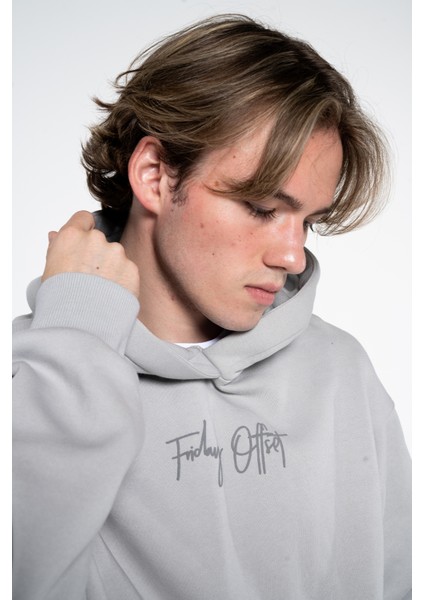 Friday Offset Ocho Erkek Açık Bej Kanguru Cepli Kapüşonlu Oversize Sweatshirt Hoodie