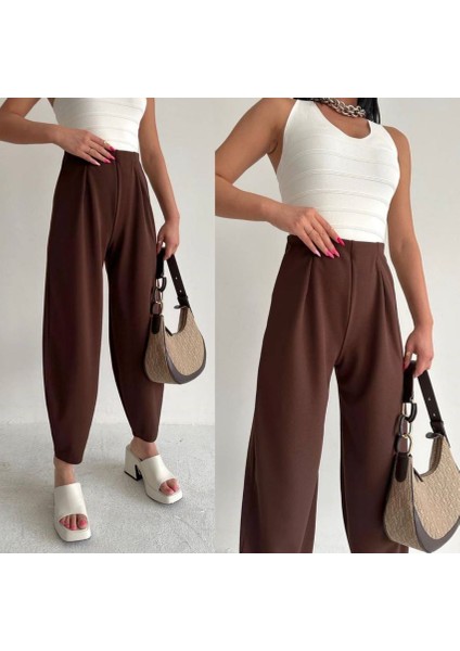 Kadın Koyu Kahve Balon Pantolon Full Likralı Beli Lastikli Günlük Trend modelleri