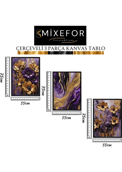 Çerçeveli 3 Parça Tablo Set-Soyut Çiçek Desen Kanvas Tablo -Tek Tablo Ölçü 55CM x 75CM