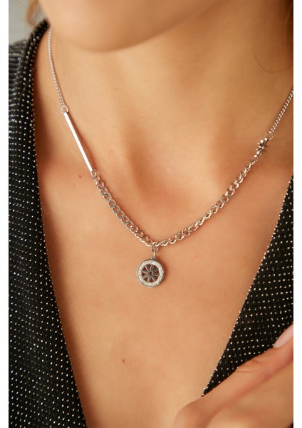 Kadın Bellezzaazzurra Çelik Model Gümüş Kaplama Su Yolu Gerdanlık Zincirli Zirkon Taşlı Güneş Kolye