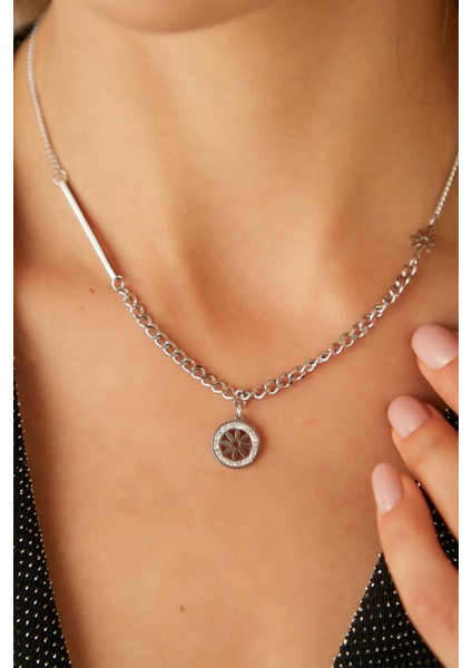 Kadın Bellezzaazzurra Çelik Model Gümüş Kaplama Su Yolu Gerdanlık Zincirli Zirkon Taşlı Güneş Kolye
