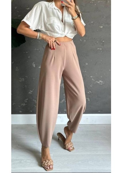 Kadın Vizon Balon Pantolon Full Likralı Beli Lastikli Günlük Trend