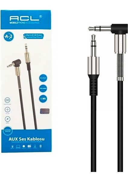 Acl A-2 Metal Başlık Tpe Kablo 3.5mm Aux Kablo 1 Metre Siyah