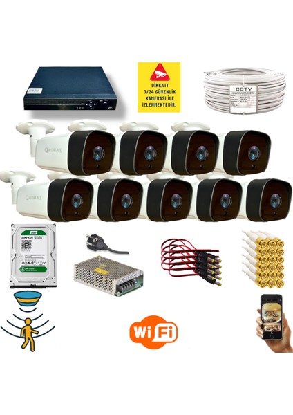 9 Kamerali Set - Hareket Algilayan Gece Görüşlü 36 Ir LED 5mp Sony Lensli 1080P Full Hd Metal Kasa Güvenlik Kamerasi Seti 5236