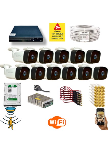 11 Kamerali Set - Hareket Algilayan Gece Görüşlü 36 Ir LED 5mp Sony Lensli 1080P Full Hd Metal Kasa Güvenlik Kamerasi Seti 5236