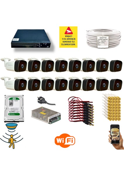 16 Kamerali Set - Hareket Algilayan Gece Görüşlü 36 Ir LED 5mp Sony Lensli 1080P Full Hd Metal Kasa Güvenlik Kamerasi Seti 5236