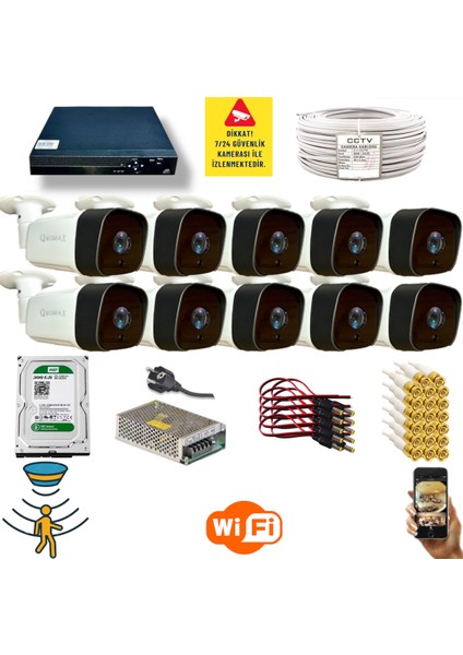 10 Kamerali Set - Hareket Algilayan Gece Görüşlü 36 Ir LED 5mp Sony Lensli 1080P Full Hd Metal Kasa Güvenlik Kamerasi Seti 5236