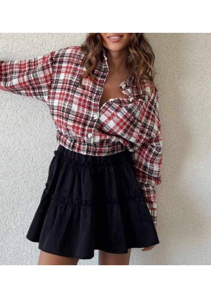 Kadın Kırmızı Kareli Gömlek Yaka Önden Ful Düğmeli Belden Lastikli Bomber