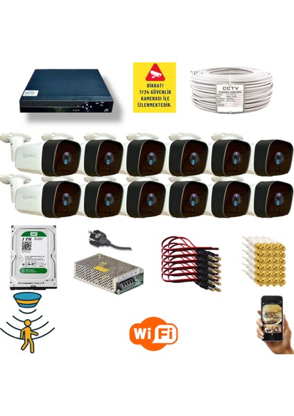 12 Kamerali Set - Hareket Algilayan Gece Görüşlü 36 Ir LED 5mp Sony Lensli 1080P Full Hd Metal Kasa Güvenlik Kamerasi Seti 5236