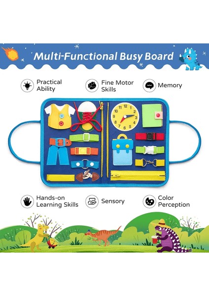 Robo Kids Montessori Keçe Eğitim Çantası Busy Board- Mavi Dinazor 8 Sayfa