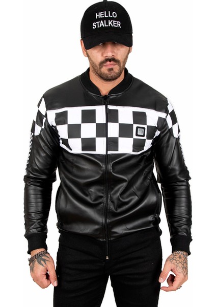 Siyah-Beyaz Dama Desenli Fermuarlı Deri Mont 2100182