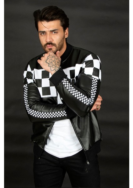 Siyah-Beyaz Dama Desenli Fermuarlı Deri Mont 2100182 fiyatları