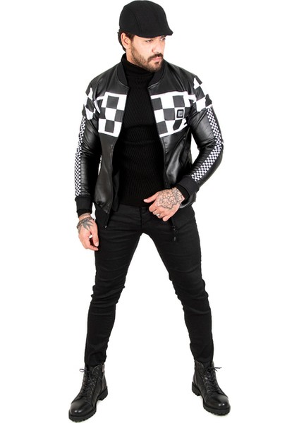 Siyah-Beyaz Dama Desenli Fermuarlı Deri Mont 2100182 modelleri