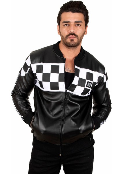 Siyah-Beyaz Dama Desenli Fermuarlı Deri Mont 2100182