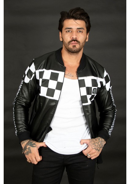 Siyah-Beyaz Dama Desenli Fermuarlı Deri Mont 2100182