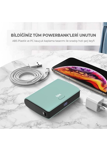 PB106 10000mAh PD20W Type-C USB-A SCP 22.5W Çift Çıkışlı LED Göstergeli Kauçuk Kaplama Cep Boy Mini Powerbank Yeşil