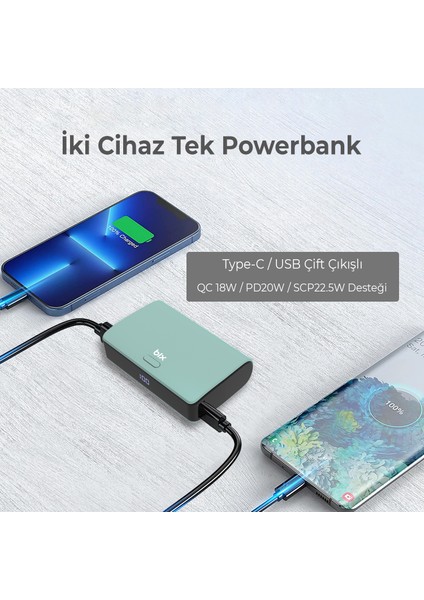 PB106 10000mAh PD20W Type-C USB-A SCP 22.5W Çift Çıkışlı LED Göstergeli Kauçuk Kaplama Cep Boy Mini Powerbank Yeşil