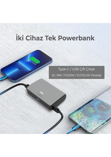 PB106 10000MAH PD20W Type-C USB Çift Çıkışlı LED Göstergeli Mini Powerbank