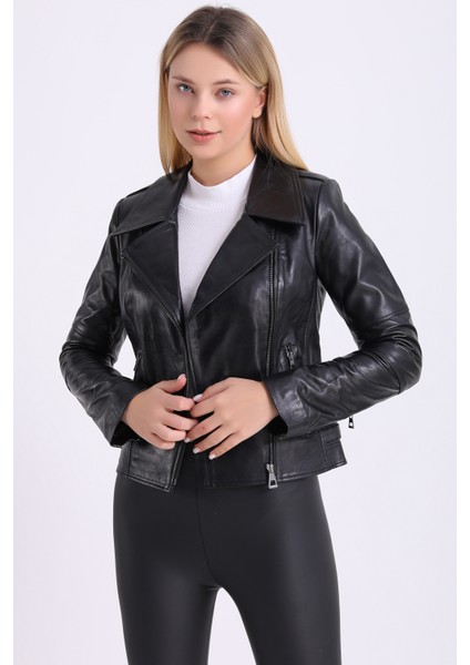 Kadın Sıyah Hakiki Deri Biker Vintage Mont