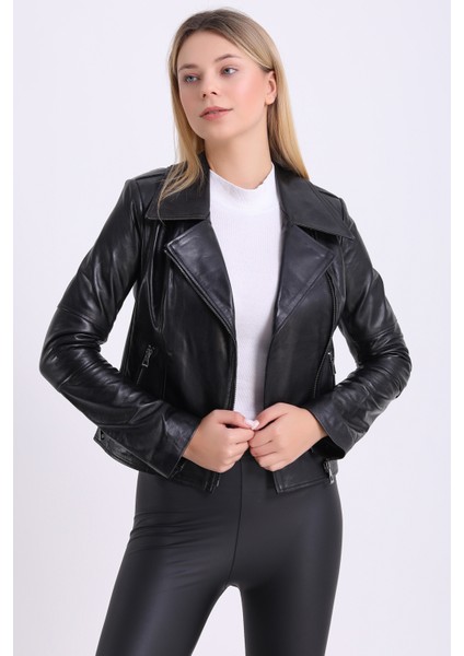 Kadın Sıyah Hakiki Deri Biker Vintage Mont