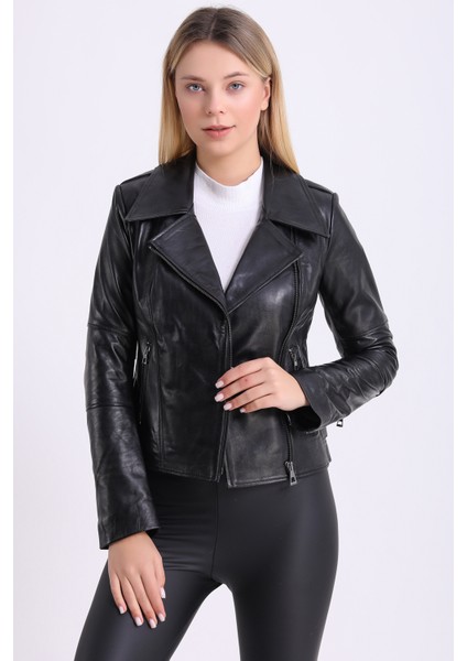 Kadın Sıyah Hakiki Deri Biker Vintage Mont