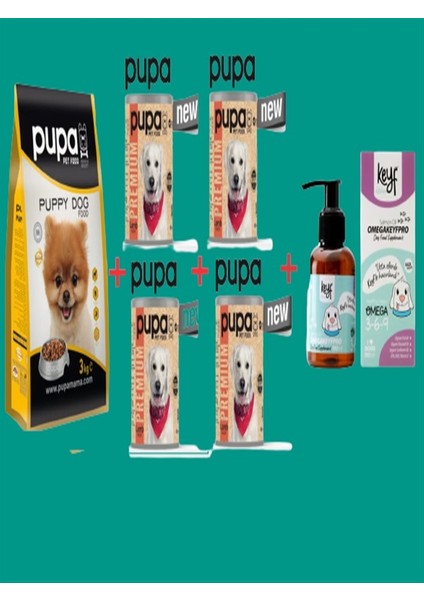 Yavru Köpek Maması 3kg "kuzu Etli"+Kuzu Etli Yavru Köpek Konservesi 400 G x 4 Adet+Keyf Dog Omega