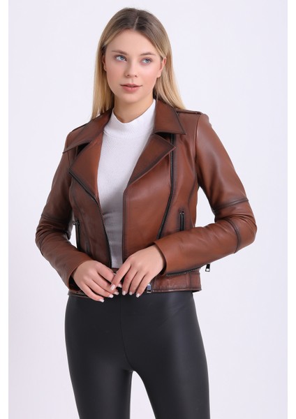 Kadın Kahverengi Hakiki Deri Biker Vintage Mont