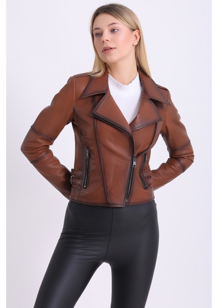 Kadın Kahverengi Hakiki Deri Biker Vintage Mont