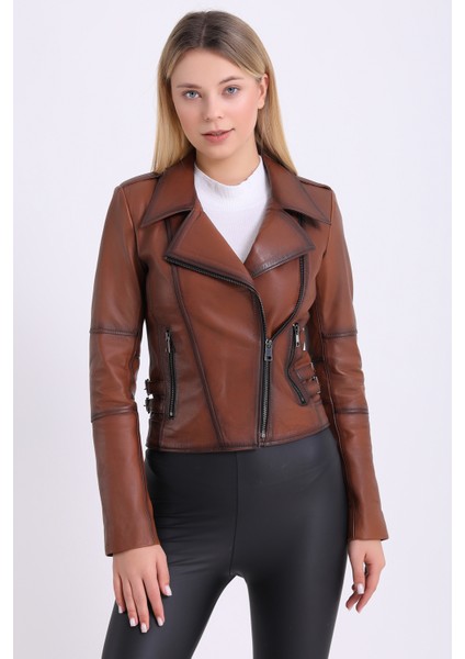 Kadın Kahverengi Hakiki Deri Biker Vintage Mont