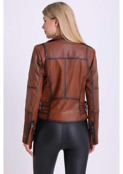 Kadın Kahverengi Hakiki Deri Biker Vintage Mont