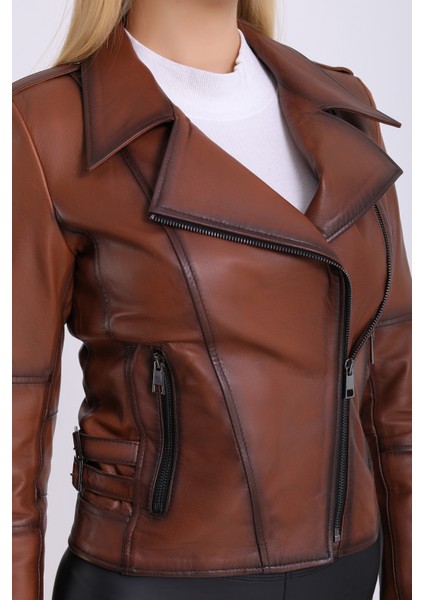 Kadın Kahverengi Hakiki Deri Biker Vintage Mont