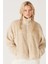 Oversize Fit Geniş Kesim Dik Yaka Tam Fermuarlı Ekru Sherpa Ceket 1