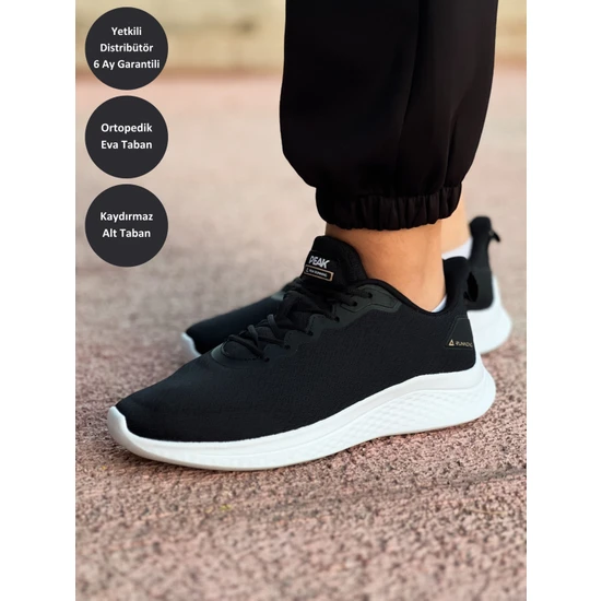 Peak Running EW02428H Kadın Siyah Beyaz Kaymaz Taban Ortopedik Nefes Alabilen Garantili Rahat Hafif Günlük Sneaker Yürüyüş Koşu Spor Ayakkabısı