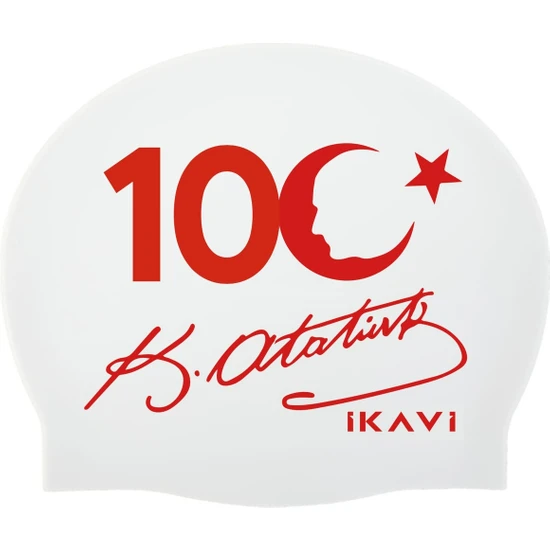 İkavi 100.YIL Özel Atatürk Silüet ve Imza Baskılı Silikon Havuz Bonesi