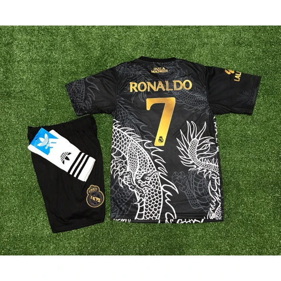 Real Madrid 2023/24 Yeni Sezon Dragon (Ejderha) Desenli Cristiano Ronaldo Forması+Şort+Çorap 3'lü Set (Black)