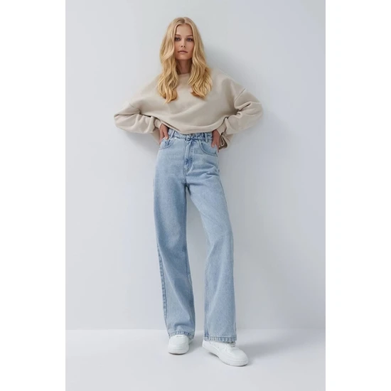 Makras Exclusive Winte Model Kadın Likralı Kar Yıkama Mavi Süper Yüksek Bel Salaş Paça Jans Pantolon