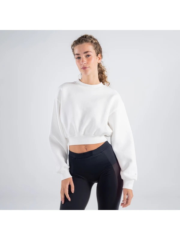 Friday Offset Monica Kadın Off White Oversize Bisiklet Yaka Crop Sweatshirt