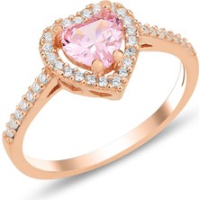 Söğütlü Silver Gümüş Rose Pembe Taşlı Pırlanta Montürlü Kalp Modeli Yüzük SGTL12299PEMBE