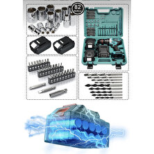 Germany Steel 128 Vf Çelik Şanzuman Bakır Sargılı 10 Pilli Çift Akülü Vidalama 82 Parça Darbeli Şarjlı Matkap DN10-MK2