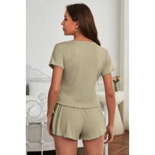 Bella Notte Viskon Mint Yeşili  Düğme Detaylı Kısa Kollu Gecelik 7508