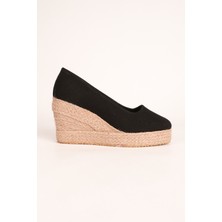 Star Tombis Siyah Platformlu Keten Espadril Dolgu Topuk