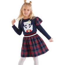 Denokids Kanatlı Kedi Kız Çocuk Lacivert Ekose Elbise