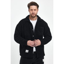 The Rule Erkek Siyah Peluş Oversize Fit Gömlek Yaka Kışlık Rahat Tek Cepli Ceket RF0457