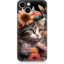 Karizma Tablo Apple iPhone 13 Mini Uyumlu Silikon Kılıf Çiçekler ve Kül Gri Kedi