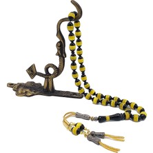 Sarı Siyah Sürmeli Toz Kehribar 7,5*11 mm Beyzi Kesim Tesbih 24 Ayar Altın Kaplama Süpürgeli Püsküllü Tespih