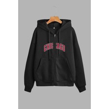 Unisex Siyah Kapüşonlu Sweatshirt Ceket ve Eşofman Altı Takım Chicago Baskılı