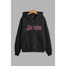 Unisex Siyah Kapüşonlu Sweatshirt Ceket ve Eşofman Altı Takım Lakers Yazı Baskılı