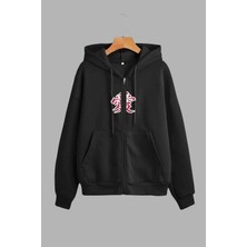 Unisex Siyah Kapüşonlu Sweatshirt Ceket, Eşofman Altı ve T-Shirt 3'lü Takım Japonca Baskılı